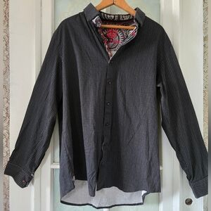 Au Noir Men’s 2XL Black Dress Shirt – Plus Size Button-Up with Patterned Interio